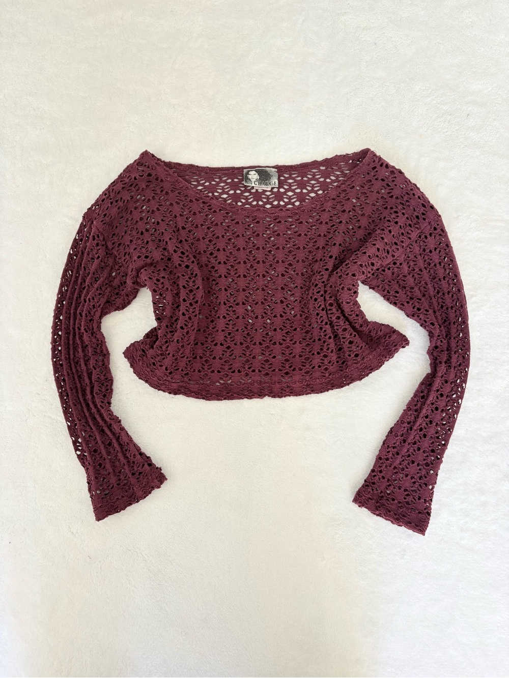Vintage Y2K In Charge Burgundy Crochet Crop Sweater Fairy Grunge S